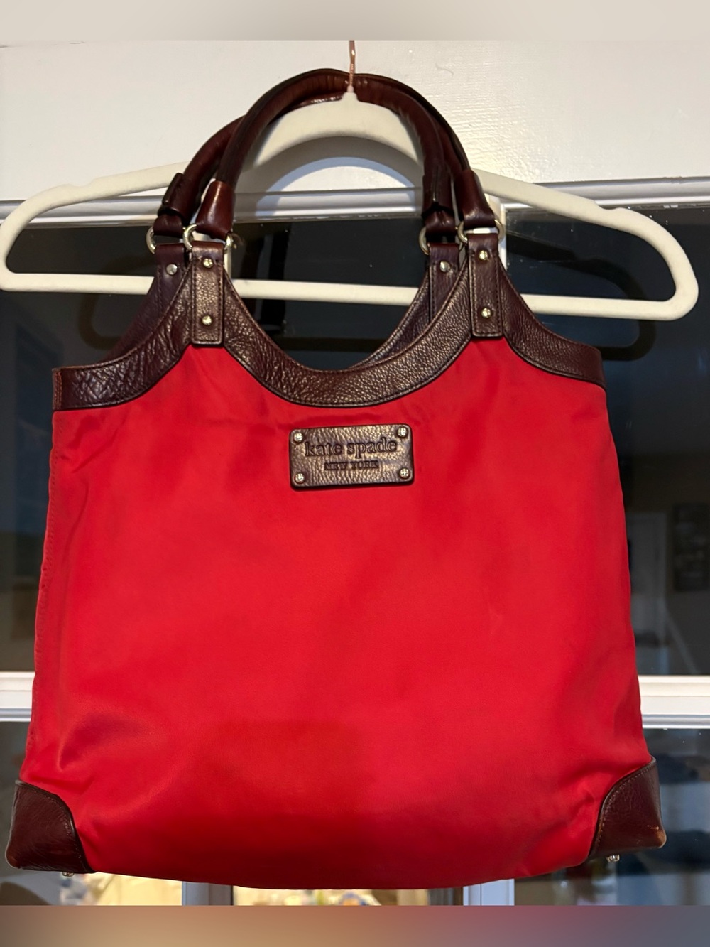 Kate Spade Vintage -Red Luxury Nylon Satchel with Brown Leather Trim and Handles